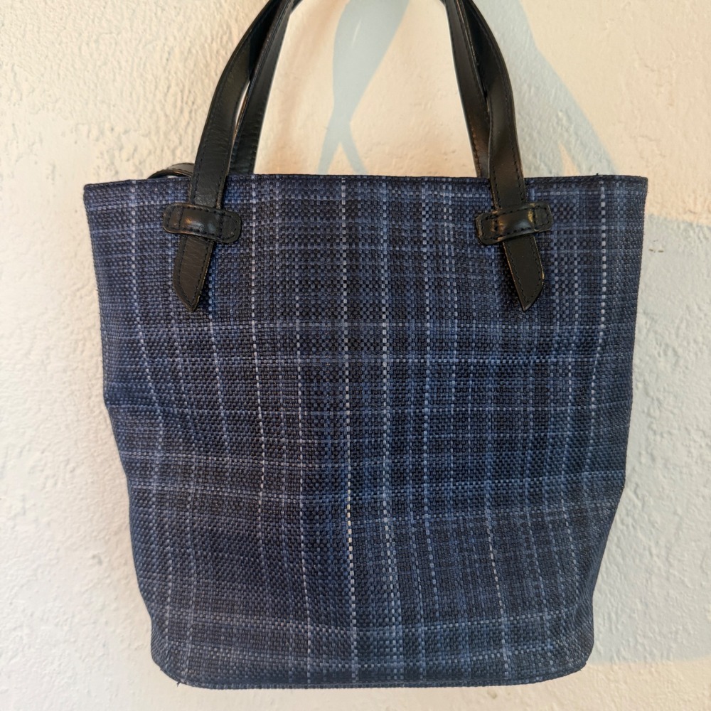 Talbots Blue Plaid Woven Tote Bag Leather Trim Made in Italy Shoulder Bag 11x9x5